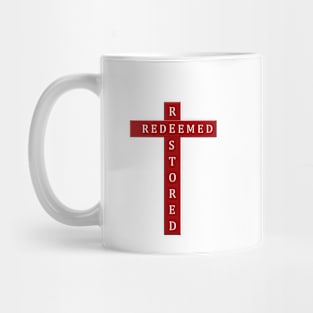 Redeemed and Restored by Jesus at The Cross - Red and White Word Art Mug